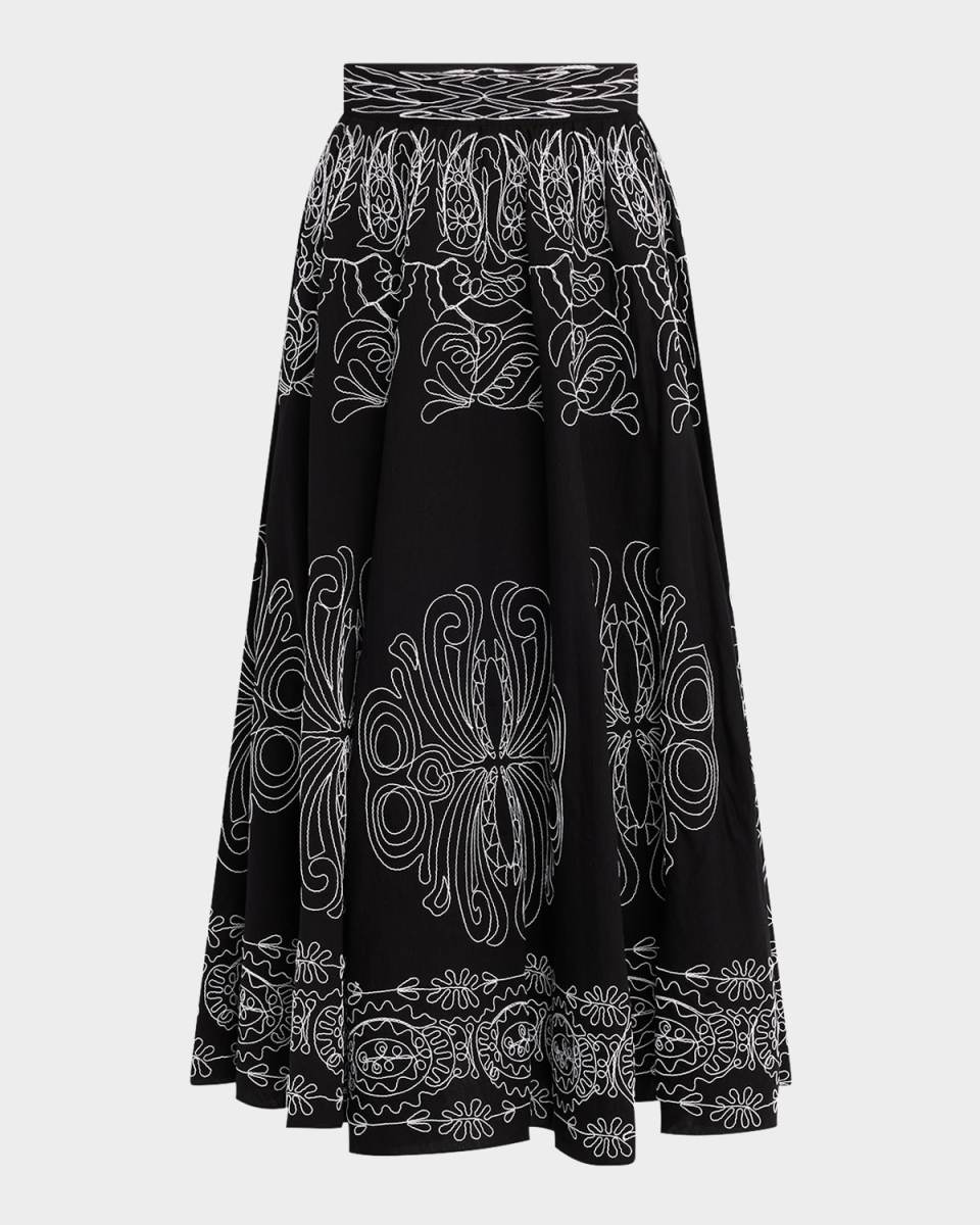 The Oriana Embroidered Circle-Cut Midi Skirt